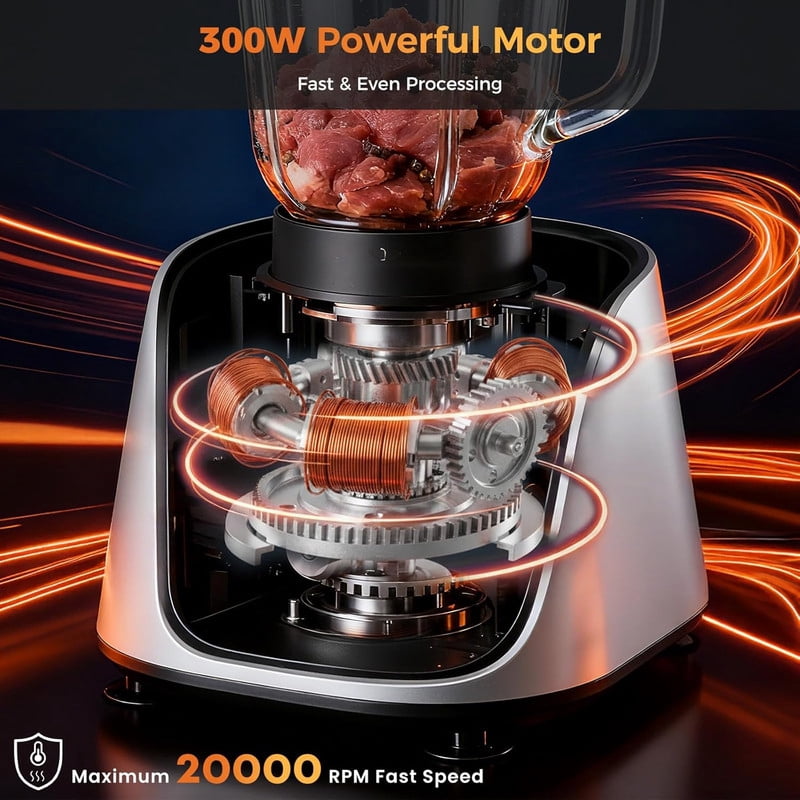 Simenmax 6-in-1 Food Processor & Blender Combo, 1.5L Glass Jar, 300W Electric Chopper with 2 Speeds + Pulse, Vegetable Slicer & Dough Kneader for Home Kitchen