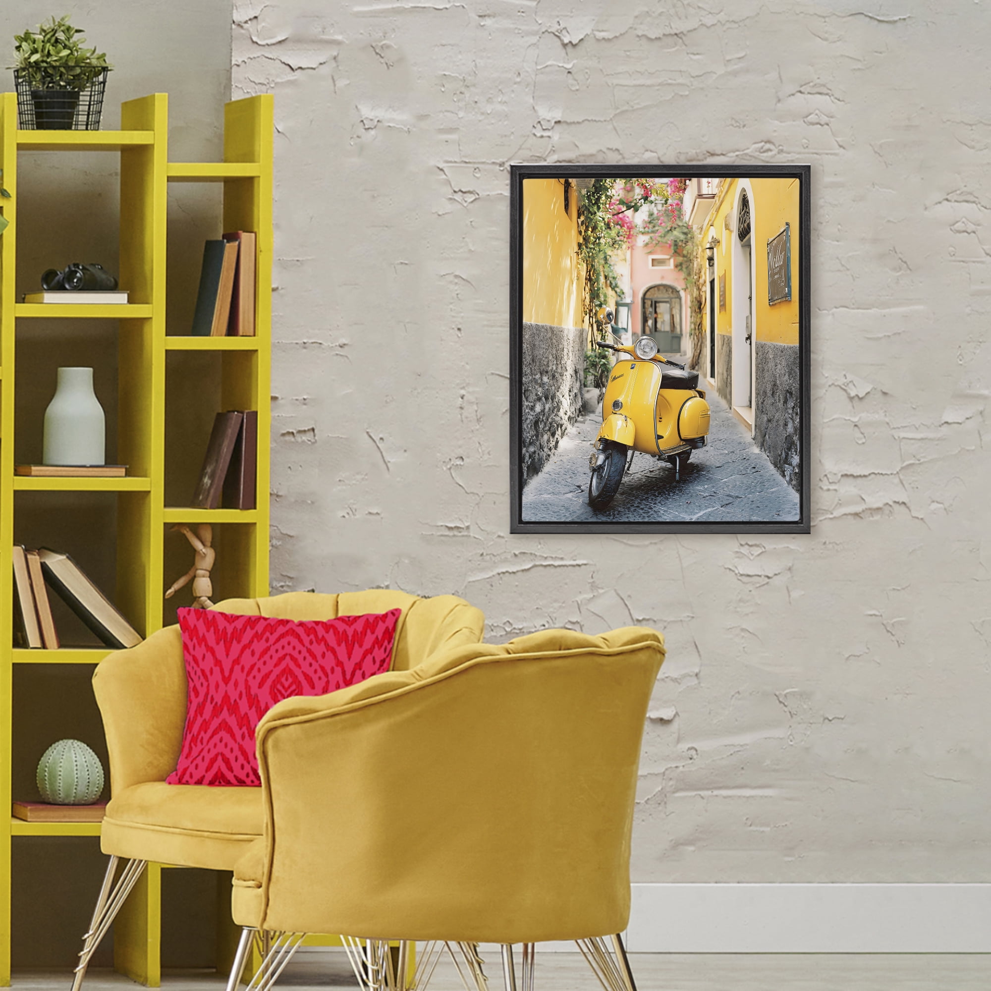Stupell Industries Yellow Moped in Alley Black Framed Floater Canvas Wall Art, design by Franklyn Gregory