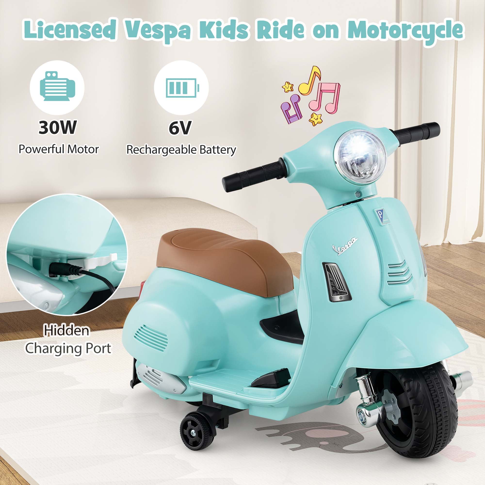 Costway Kids Ride on Motorcycle with Training Wheels Headlight Horn 6V Battery Green
