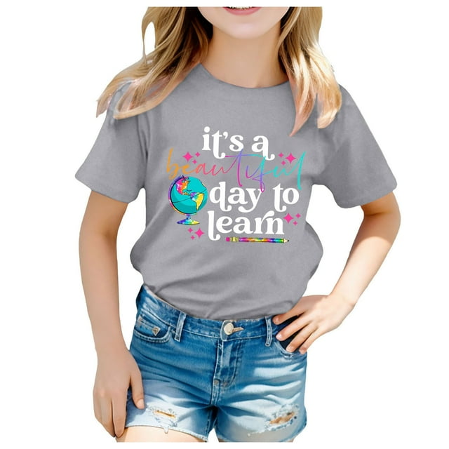 LUOGENLI T-Shirt pour Filles Enfants Rentrée des Classes Imprimé Décontracté Manches Courtes Haut T-Shirt Chemises pour Filles Tendance Printemps Gris 130.00
