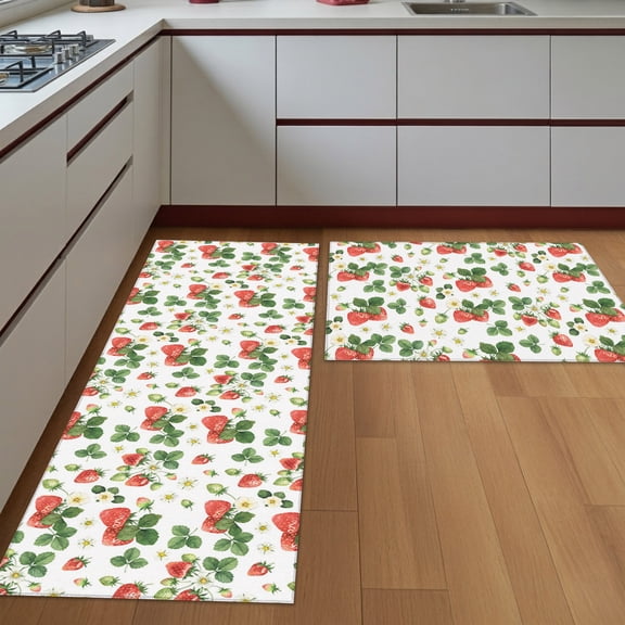 Kitchen Rugs Set of 2 Summer Non Slip Washable Kitchen Mats for Floor Country Watercolor Red Fruits Green Leaves Decorative Runner Rug Set for Kitchen Floor, Laundry Room Bathroom Home Decor