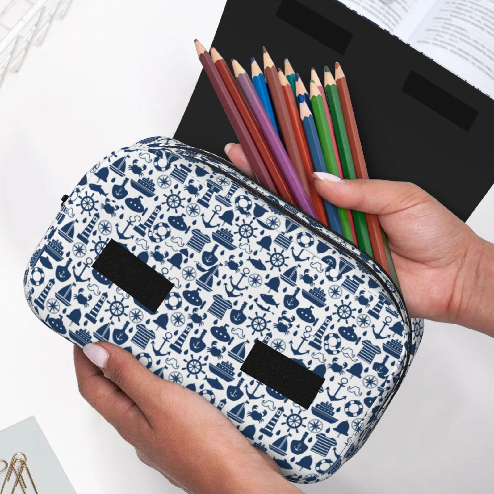 Rateoe Seaside Primary Color Pattern Double Clamshell Pen Case, Storage Organizer with Two Zipper Compartments– Holds Up to 50 Pencils & Pens