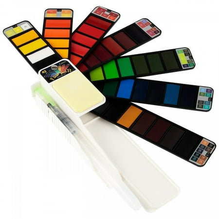 Fan-PAN Portable Watercolor Paint Set - 42 Assorted Colors Professional Artist Grade Foldable Travel Kit with Water Brush for Plein Air, Field & Outdoor Painting for Kids or Adults