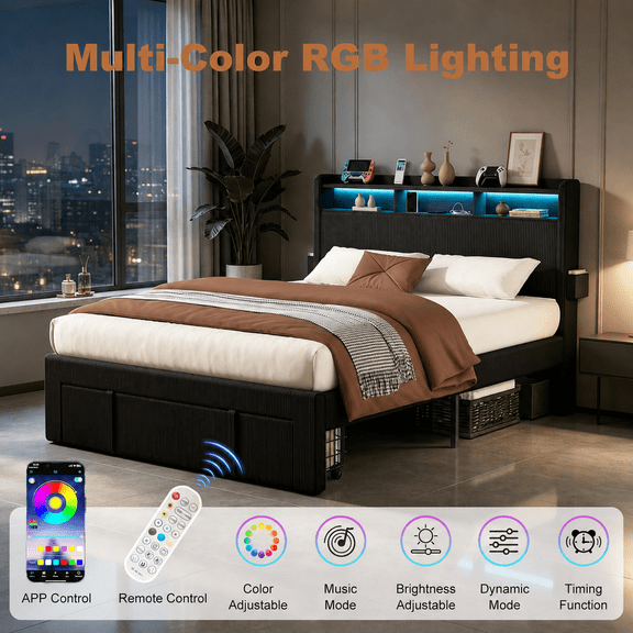 UHOMEPRO Full Size Bed Frame with Storage Headboard and Drawer, Corduroy Platform Bed Frame with Charging Station, LED Lights, No Box Spring Needed, Noise Free, Black