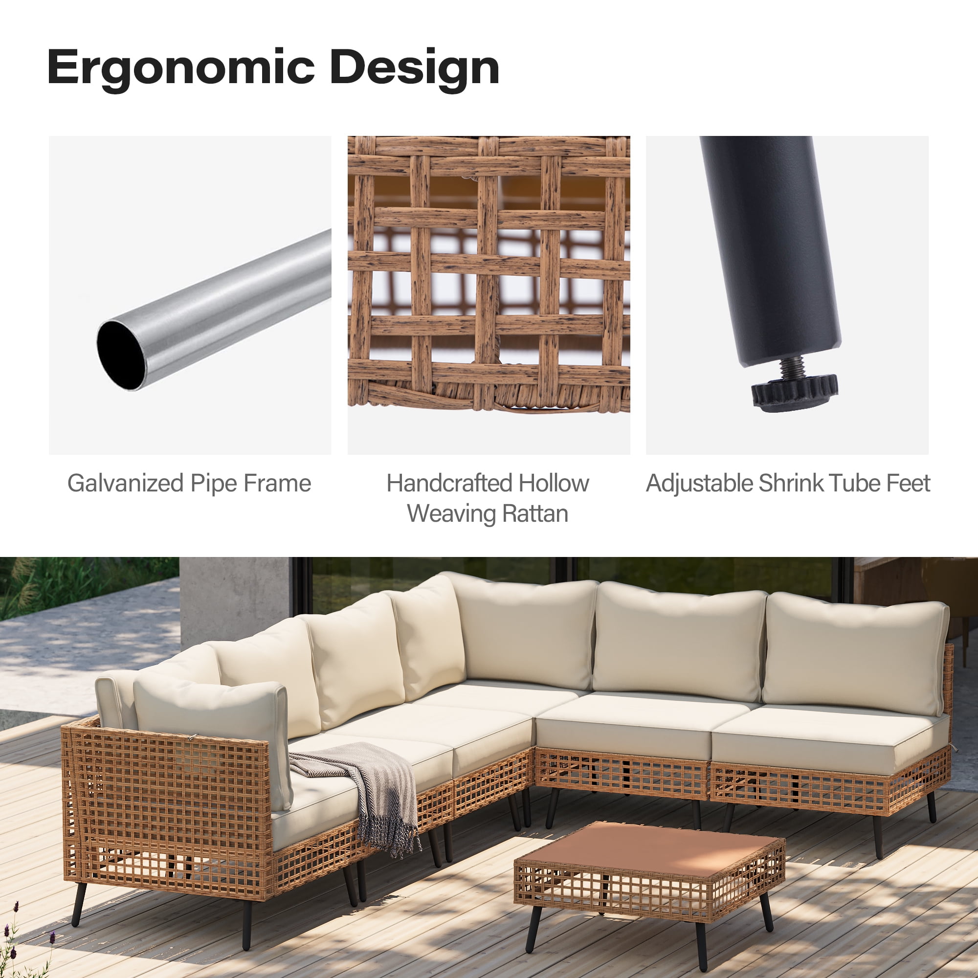 LAUSAINT HOME 7-Piece Outdoor Wicker Patio Furniture Conversation Set, Sectional Sofa with Cushions, Beige