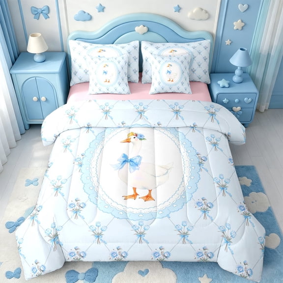Manfei Cartoon Coquette Bowknot 7-Piece Twin Bedding,Lovely Wildlife Goose Bedding Comforter Set,Pink Reversible