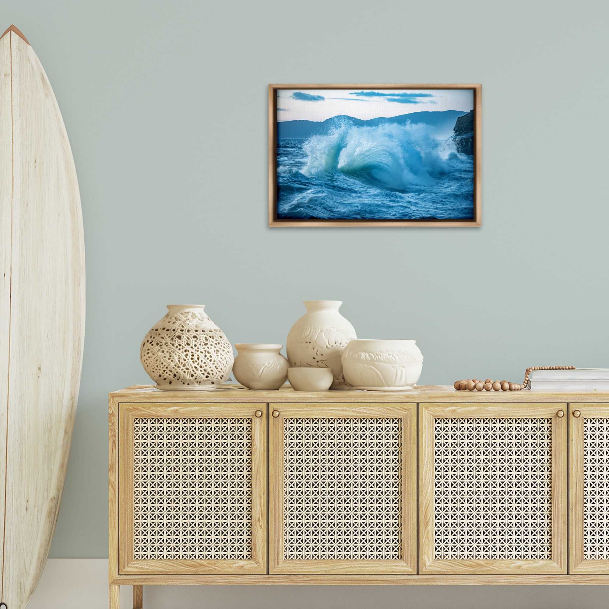 Stupell Industries Rolling Tsunami Wave Nautical & Beach Photography Brown Floater Framed Canvas Art Print Wall Art, 25 x 17