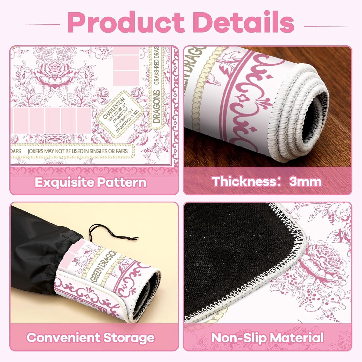 Chinoiserie Mahjong Mat with Black Carrying Bag 31.5 x 31.5 Inches Multi Purpose Game Table Cover Anti Slip and Noise Reduction for Mahjong Poker Board Card Dominoes Games(Pink)