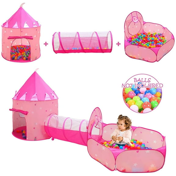 Wilwolfer 3pc Pink Kids Play Tent Ball Pit for Toddlers Girls with Baby Tunnel Pop up Princess Toys Indoor Outdoor