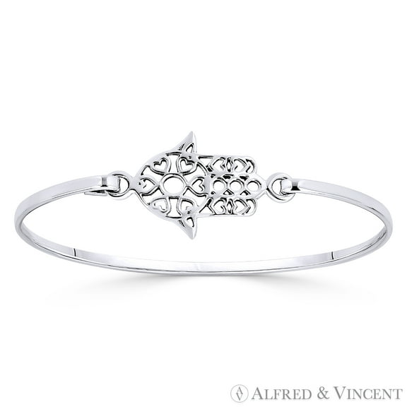 Hamsa Hand & Multi-Heart Evil Eye Charm Cuff Bangle Bracelet in .925 Sterling Silver