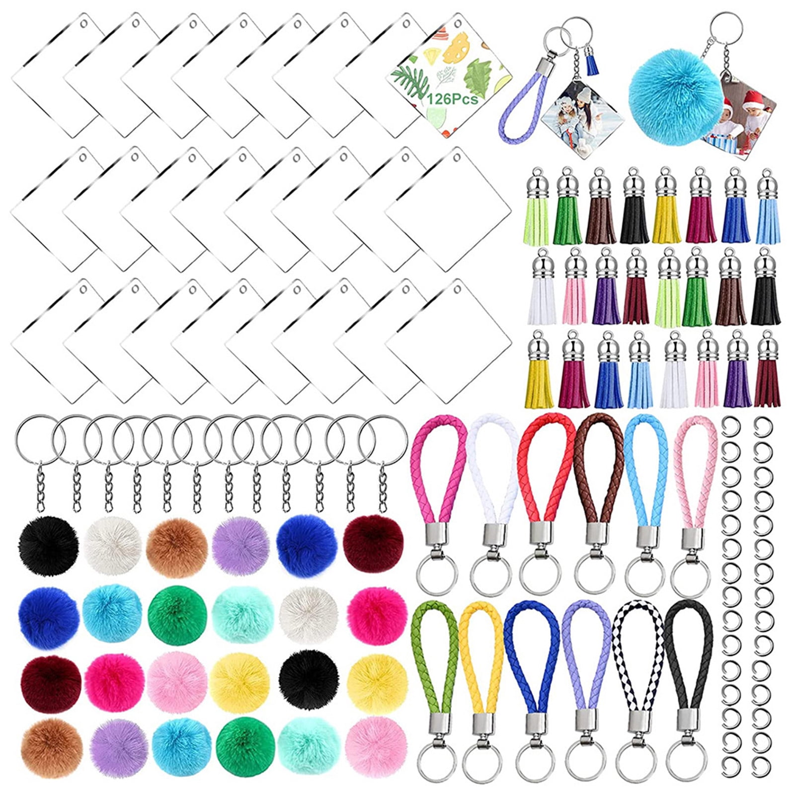 126Pieces Keychain Making Kit with Colorful Tassels Keychain Clip for Key Rings