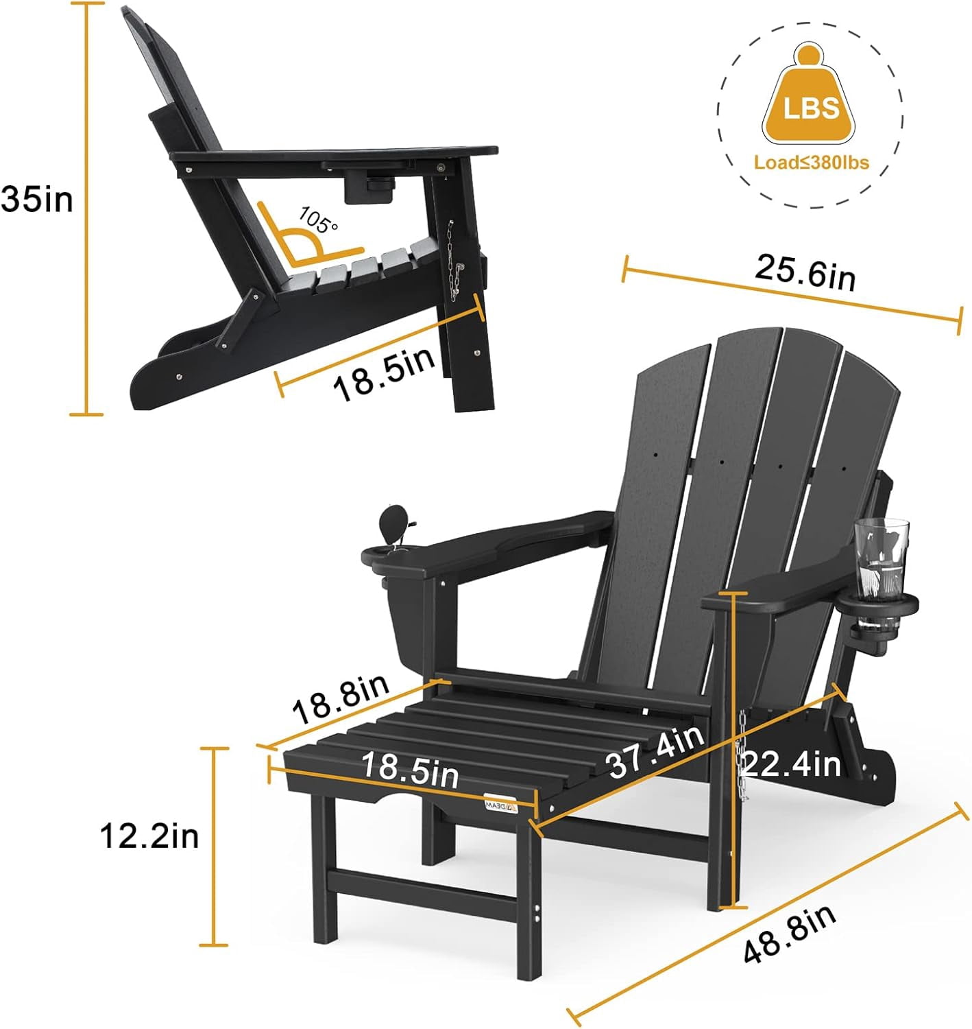 Erinnyees Folding Adirondack Chair with Retractable Ottoman, HDPE All-Weather Fire Pit Chair with 2 Cup Holders, Outdoor Chair for Deck Patio Garden Backyard Lawn