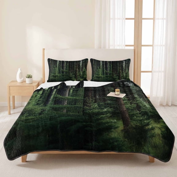 3 Pieces Queen Quilt Set,Green Forest Woods Woodland Soft Bedding Sets with 1 Quilt & 2 Pillow Shams,Nature Scenery Landscape Summer Bedspread Lightweight Coverlet Comforter for All Season