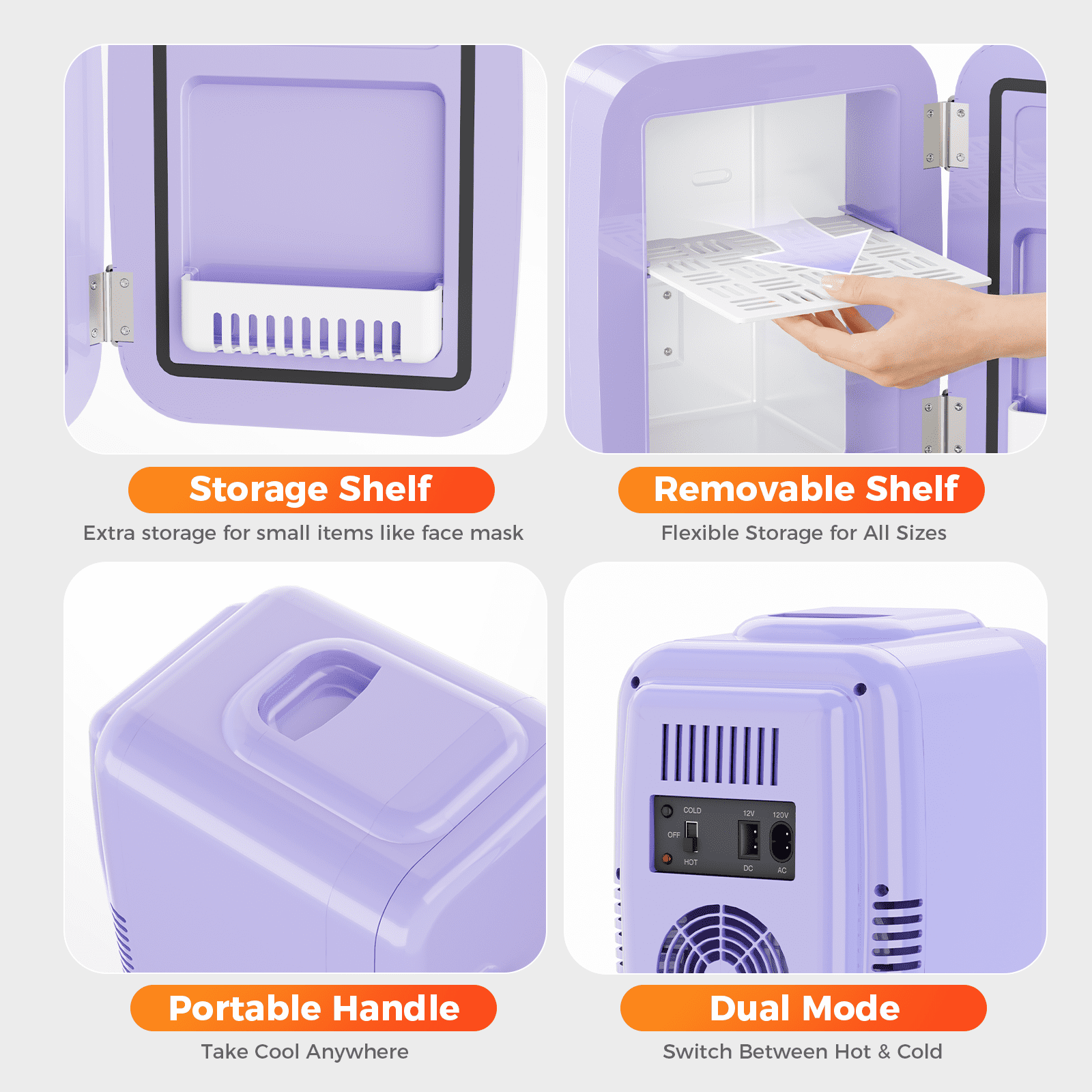 Mini Fridge, 4 Liter/6 Can Mini Makeup Fridge, 110V AC/ 12V DC Portable Thermoelectric Cooler&Warmer for Skincare, Drink, Cosmetic, Medicine, Small fridge for Bedroom, Office, Dorm, Car, Purple