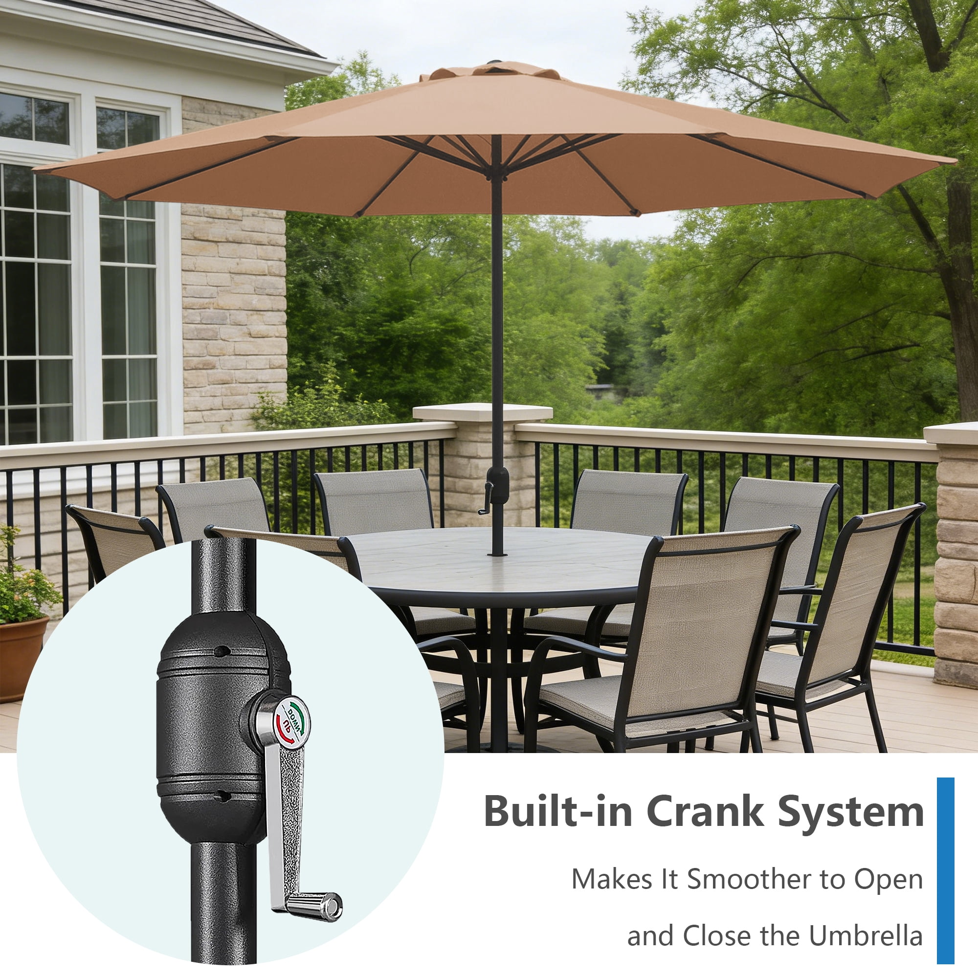 Abble 11FT Outdoor Patio Umbrella with Crank Handle, Market Umbrella with 8 Sturdy Umbrella Ribs, Waterproof for Garden Deck Backyard Pool, Tan
