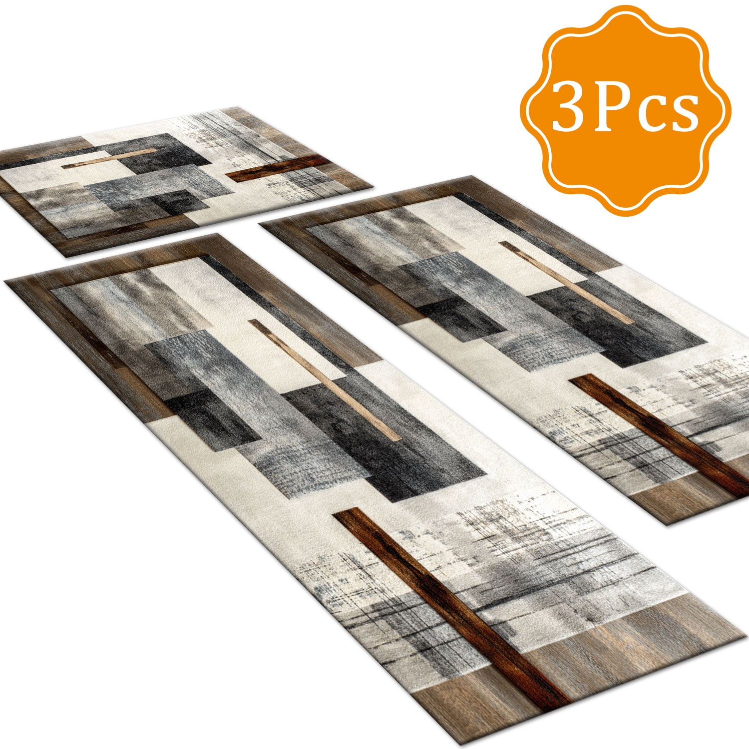 3-Piece Farmhouse Kitchen Rug Set, Washable Anti Slip Striped Floor Mats in 3 Sizes, Stain Resistant Decor Rugs for Kitchen Hallway Bathroom Home Christmas Decor