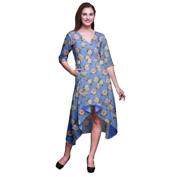 Bimba Cotton Blue Leaves & Faith Rose Floral Printed Short Sleeve Classic Midi Dress With Pockets Asymmetrical Shift Dress-Large