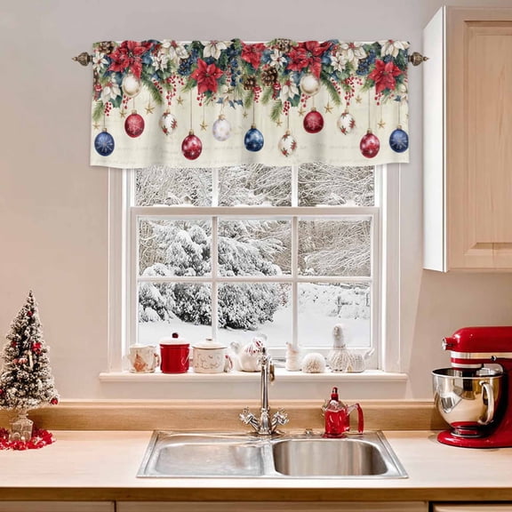 Kitchen Valances for Window, Christmas Poinsettia Flower Xmas Ornaments Light Filtering Rod Pocket Valance Curtain, Vintage Stamp Letters Short Curtains Window Topper for Bedroom 54x18in
