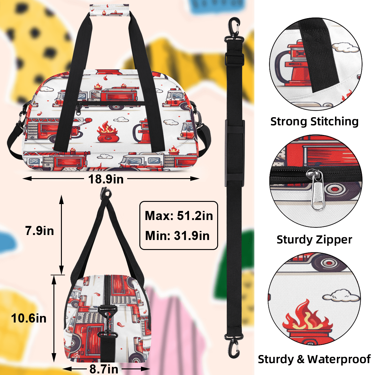 Herdesigns Fire Truck Sports Duffle Bag for Women & Men, Transportation Gym Bag Dance Bag Overnight Bag Carry On Weekender Travel Bag