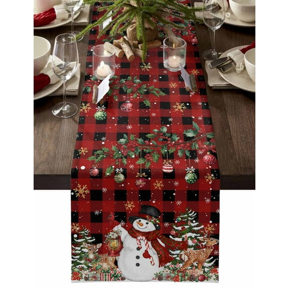 nqOlkjepod Christmas Snowman Table Runner 48 Inches Long Farmhouse Dress Scarves, Xmas Snowflake Elk Tree Balls Red Plaid Dining Tablerunner for Coffee Table/Kitchen Island/Party Décor, 13" x 48"