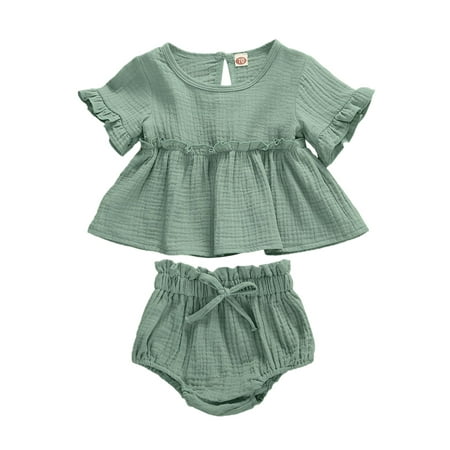 

IZhansean 2pcs Newborn Infant Baby Girls Clothes Solid Ruffle T Shirt Tops+Shorts Outfits Lake Green 18-24 Months