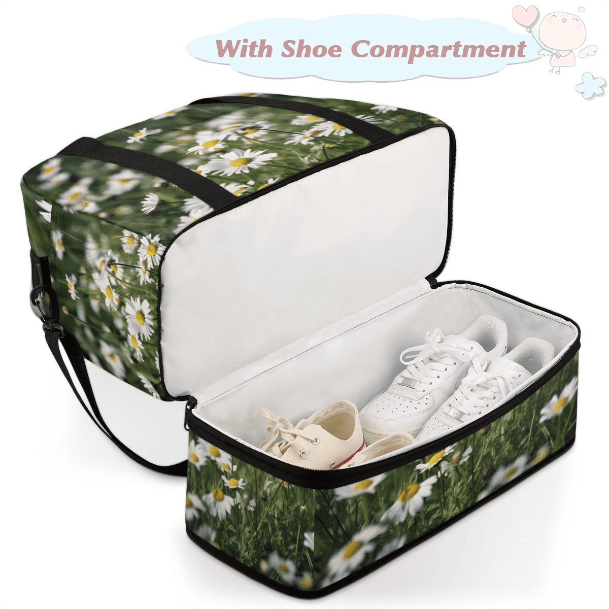 Herdesigns Daisy Foldable Travel Duffle Bag for Women and Men Lightweight Carry On Overnight Bag Floral Gym Luggage Weekender Bags with Shoe Compartment