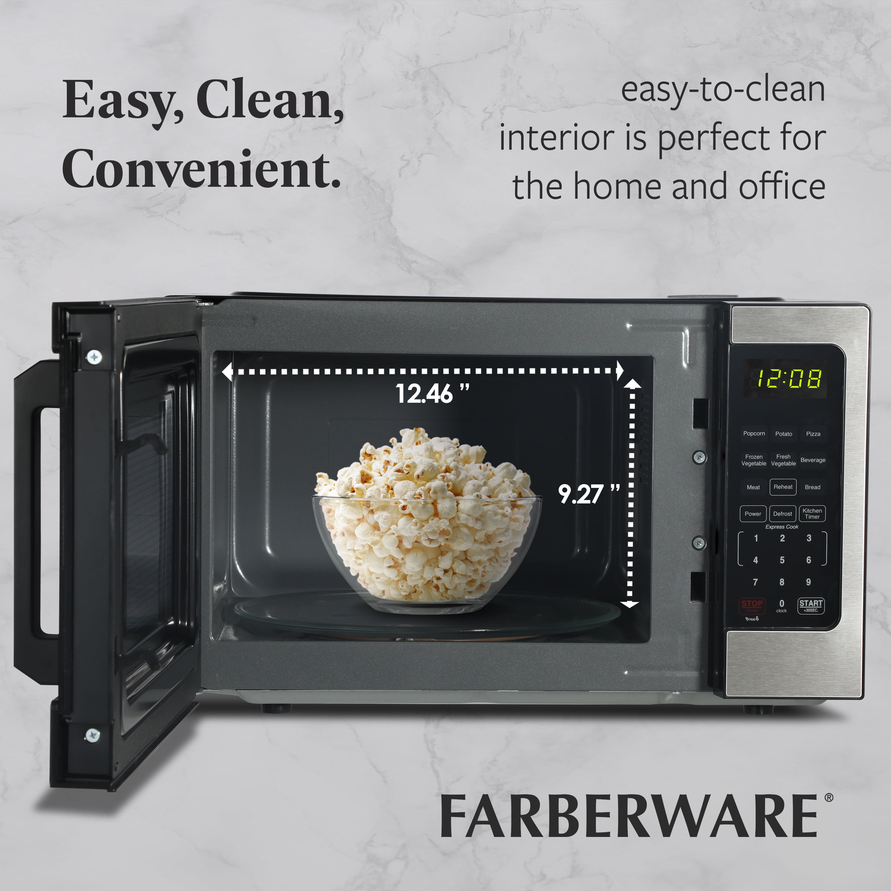 Farberware 0.9 cu ft Microwave Oven, 900W Countertop Microwave Oven with 8 Auto Cook Settings with Handle, Stainless Steel