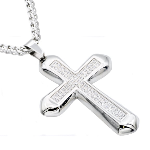 Arista Men's Stainless Steel Cross Pendant with Cubic Zirconia , 24"