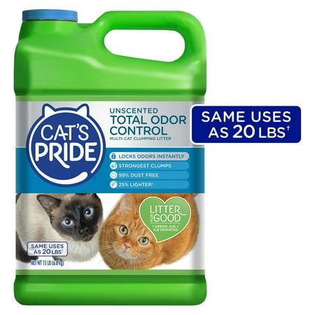 Cat’s Pride Total Odor Control, Unscented Multi-Cat Clumping Litter, Odor Locking and 99% Dust Free, 15