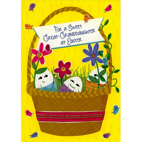 Designer Greetings Brown Basket, 3 Cute Eggs, Flowers and Smiling Jelly Beans Juvenile Easter Card for Great-Granddaughter