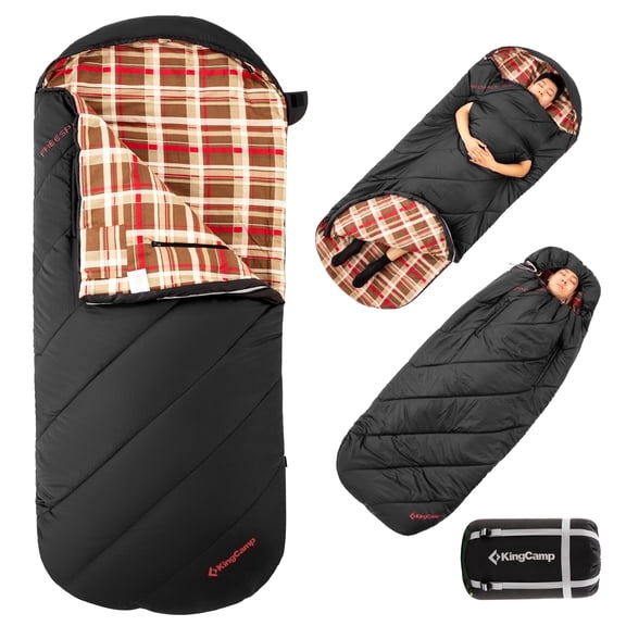 KingCamp Oversized Flannel Sleeping Bag for Adults, Portable Single Sleeping Bags for Camping with Flannel Lining & Armhole , 9°F-44°F, Black