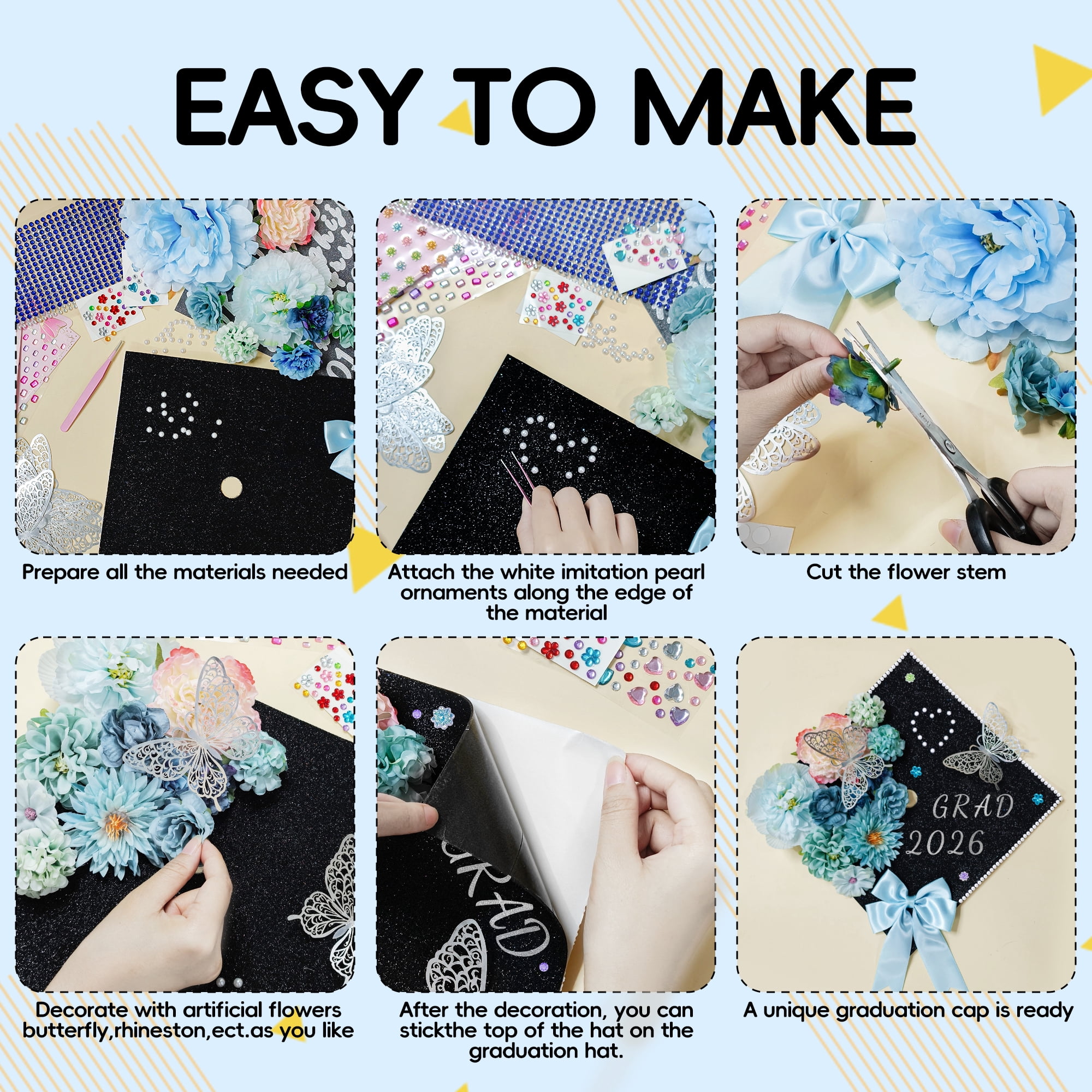 2026 Graduation Cap Decorations Kit, 56 Pcs DIY Grad Cap Topper Set with Artificial Flowers, Bow, 3D Butterflies, Glitter Letters, Rhinestones for High School College Graduation