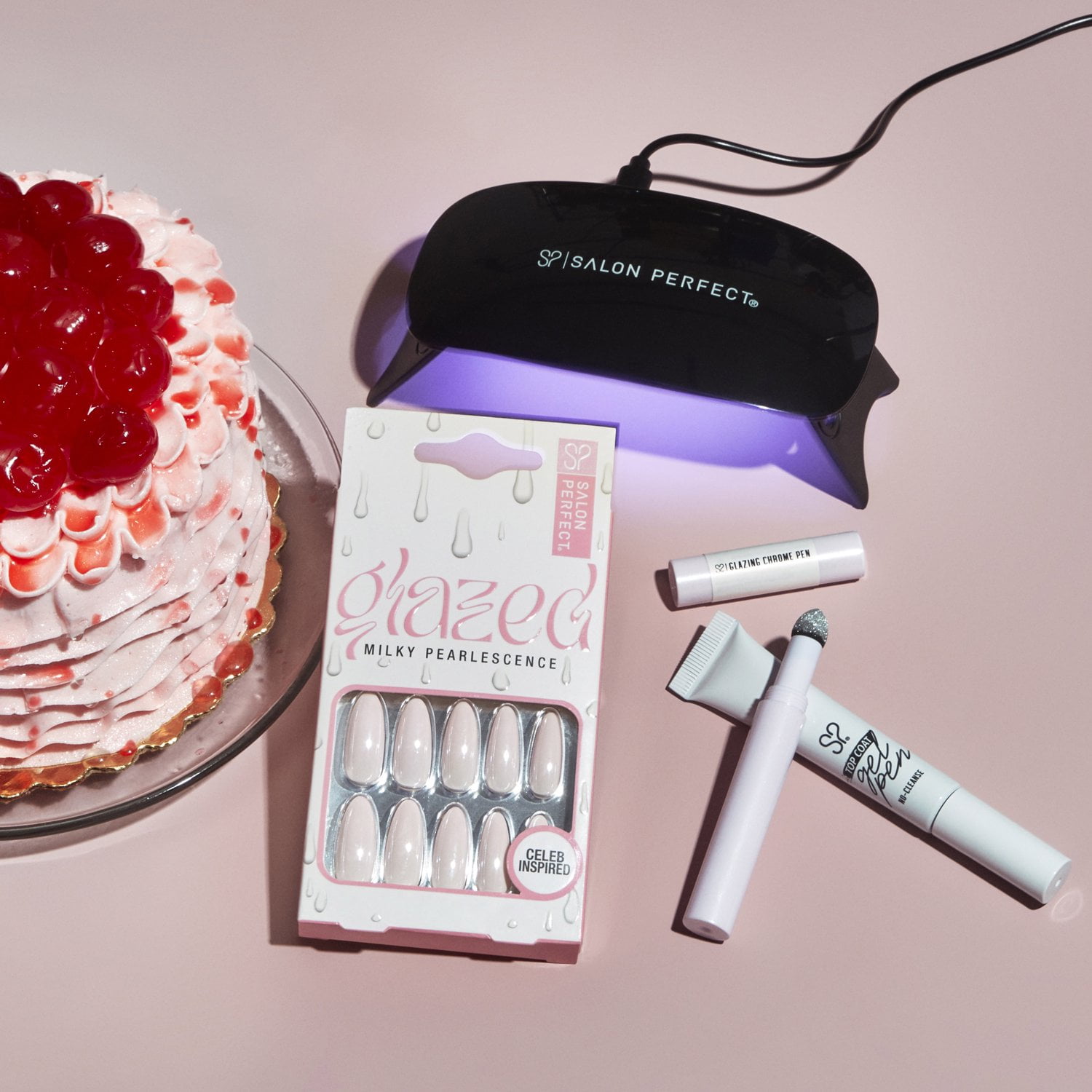 Salon Perfect Artificial Press on Nails, 158 Glazed Pink, Long Almond Glue On Fake Nails, File & Glue Included, 30 Pieces