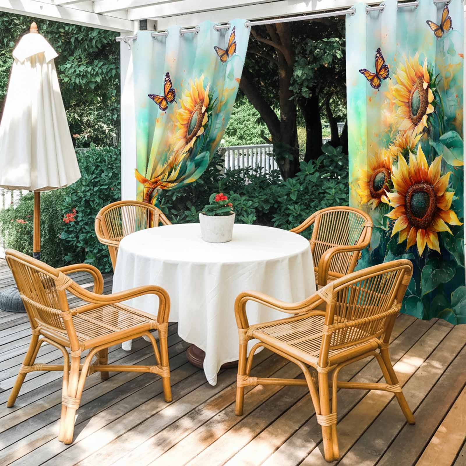 Watercolor Sunflower Outdoor Curtains for Patio Waterproof, Floral Butterfly Teal Green Leaf Grommet Curtains for Porch Outside Privacy Drape for Gazebo Garden Pergola, 2 Panels, 54x108in