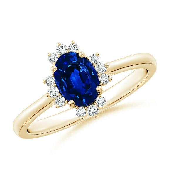 ANGARA Lab Grown Prong-Set Oval Blue Sapphire Halo Engagement Ring in 14K Yellow Gold for Women (Size-7x5mm) | September Birthstone, Anniversary, Jewelry Gift for Women | Lab Grown Blue Sapphire Ring