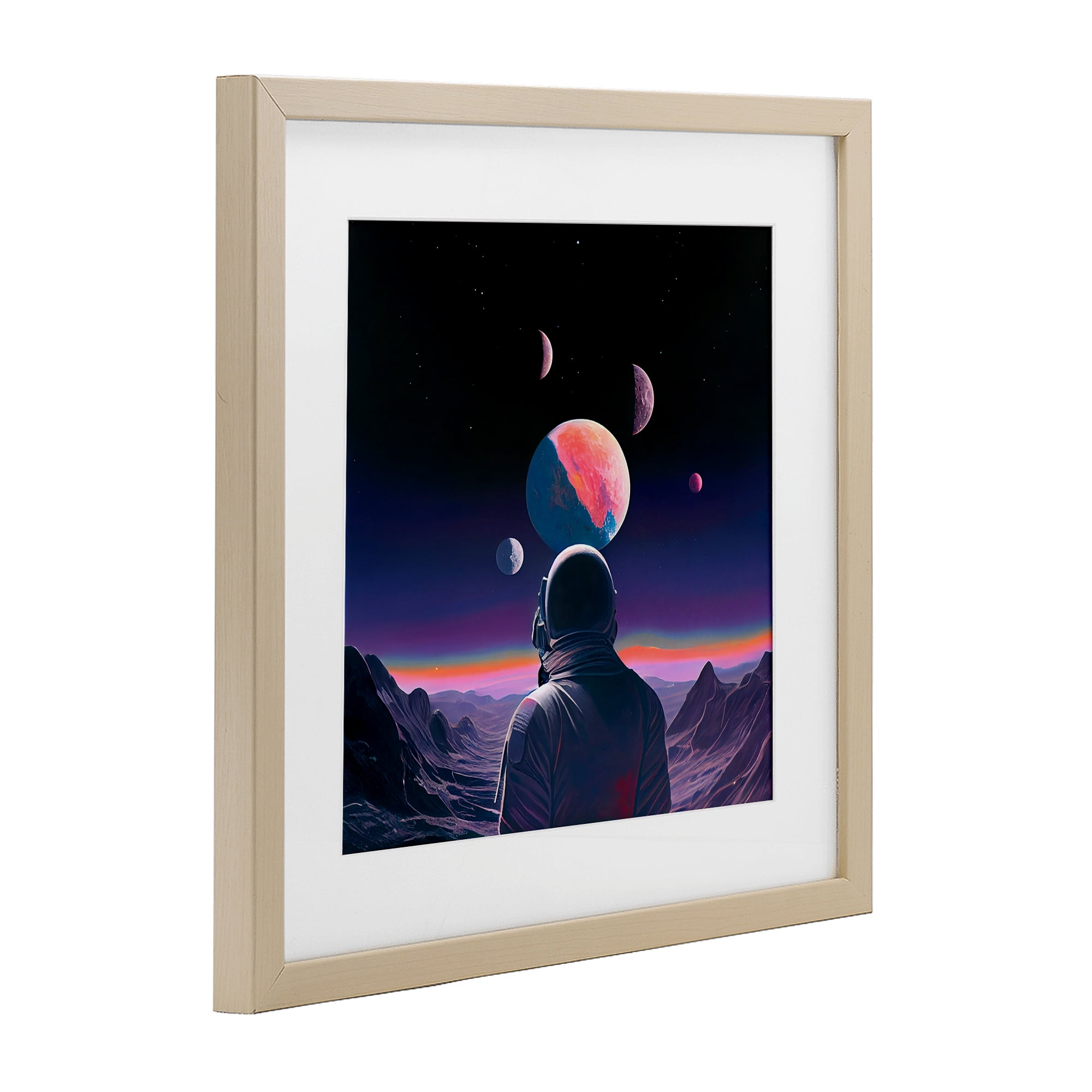 Astronaut & Purple Toned Terrain Birch Framed Print Under Glass, design by Sasha