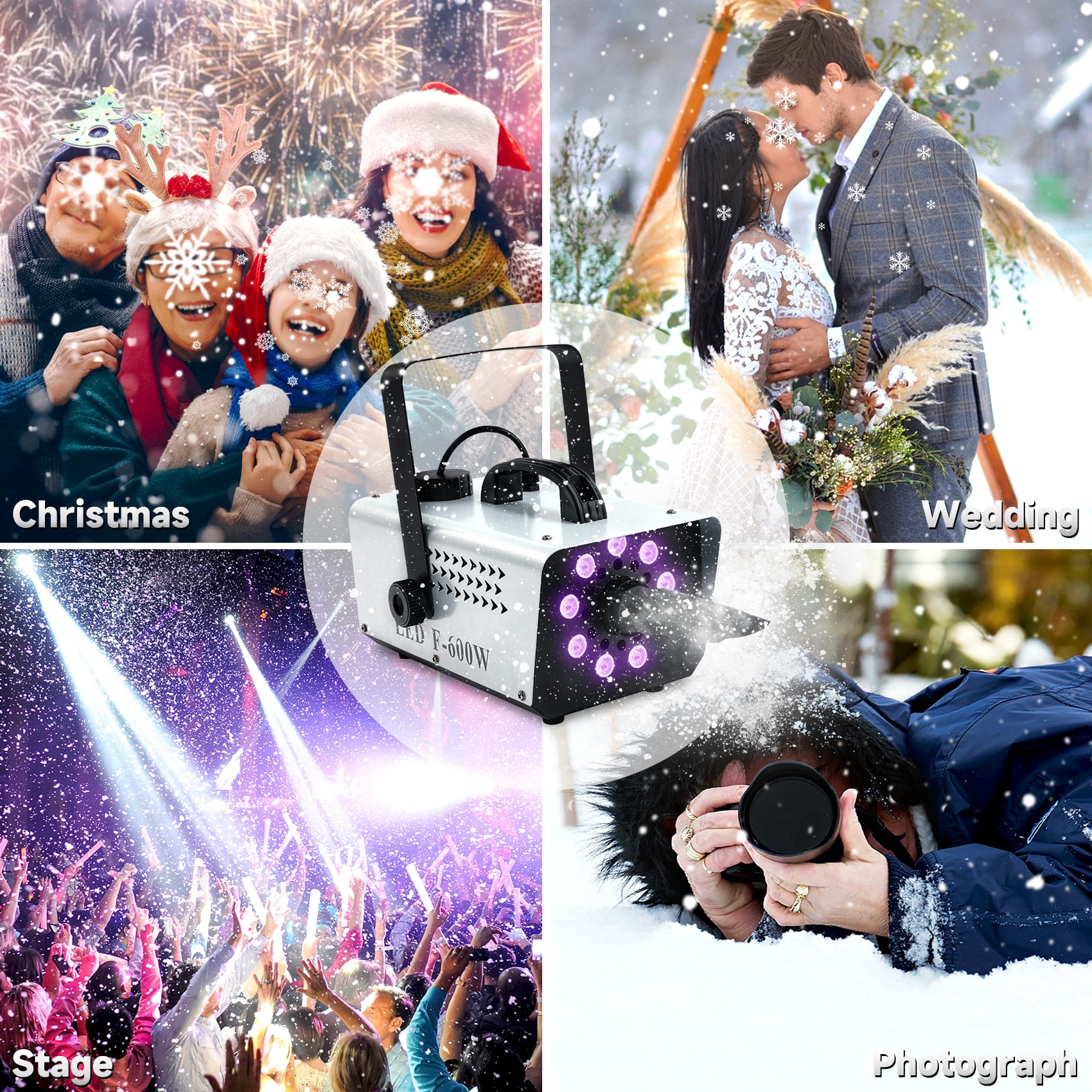 TCFUNDY Snow Machine with 9 LED Lights, 600W Snow Making Machine with 12 Color Lights Effect Snowflake Maker for Christmas Wedding Kids Party Stage with Wireless Remote Control