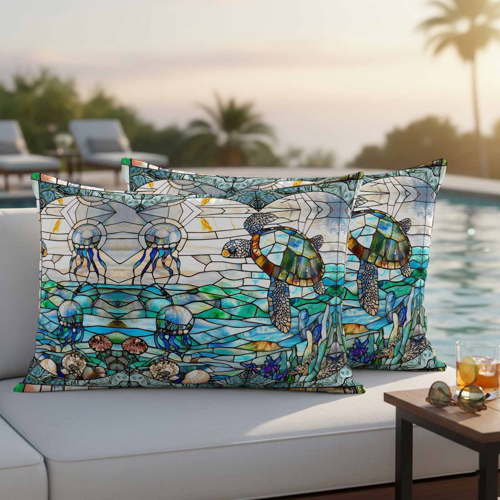 Stained Glass Sea Turtle Outdoor Waterproof Pillow Covers, Summer Coastal Ocean Jellyfish Decorative Rectangle Throw Pillowcase Sofa Cushion Sham for Patio/Couch/Chair, 20"x12" 2 Pack