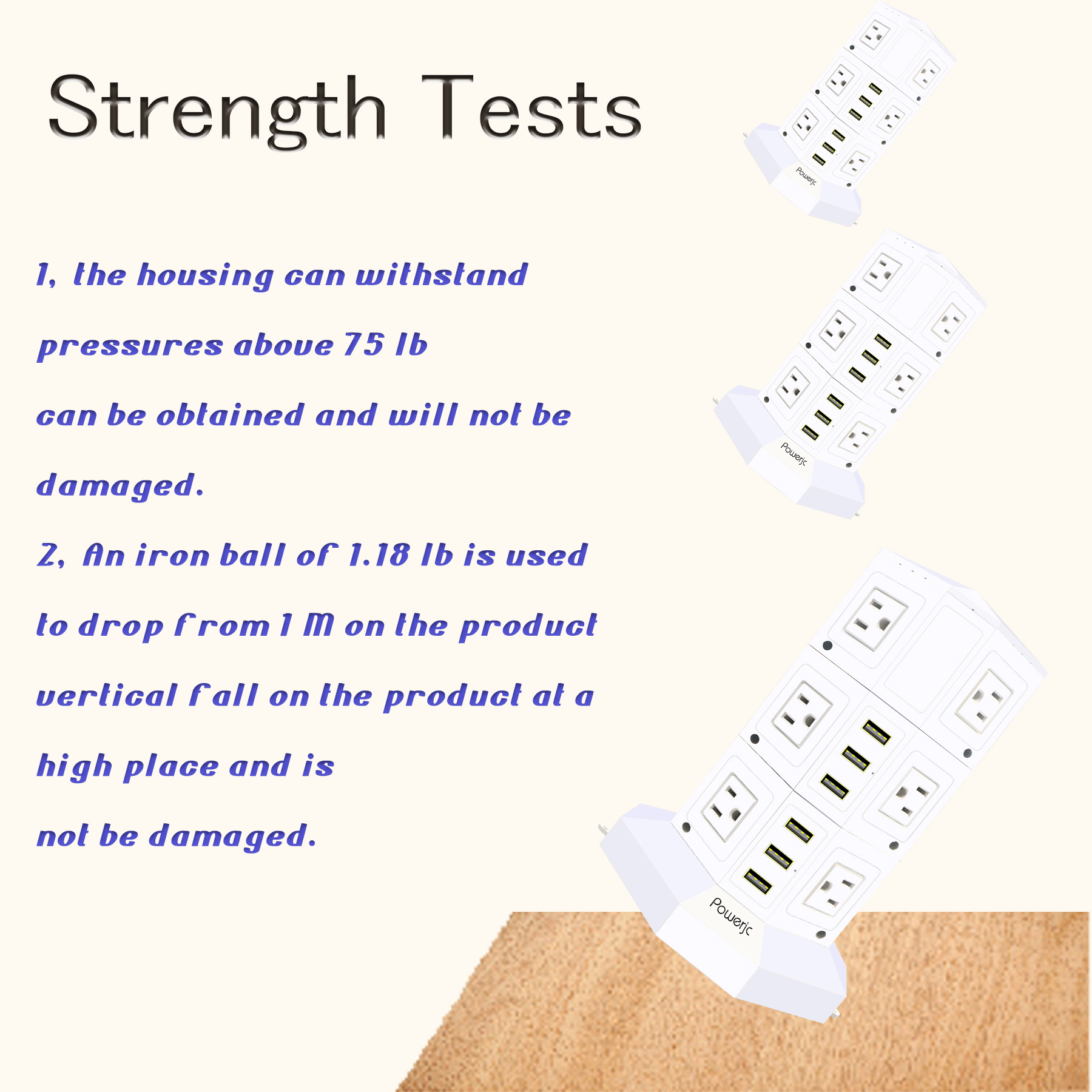 Powerjc Tower Power Strip Surge Protector 12 AC Outlets with 6 Ports USB Chargers 118 Inch Long Extension Cord Indoor White
