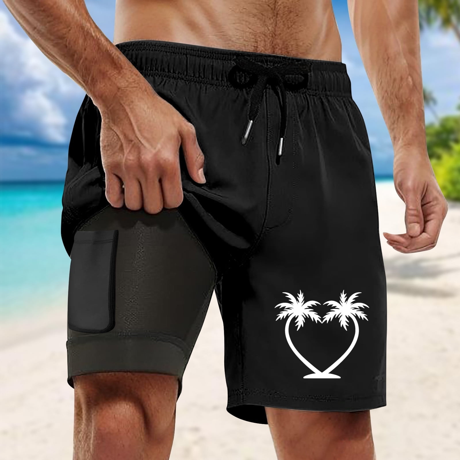 FUZHIQ Swim Trunks with Mesh Brief Liner Fashion Palm Tree Print Quick-Dry Swimming Swimsuit Beach Shorts with Liner Big and Tall Upf 50+ Sun Protection Mens Summer Clothes,L