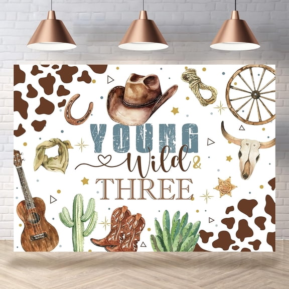 7x5FT Young Wild and Three Backdrop 3rd Birthday Cowboy Western Photography Background Boys West Birthday 3rd Rodeo Party Decoration Supplies Cake Table Banner Photo Booth Props