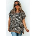 thumbnail image 6 of Women's Khaki Leopard Contrast Trim Short Sleeve Loose Plus Size Top - [ZhiHiMeRi] | (US 14W-16W)1X, 6 of 8