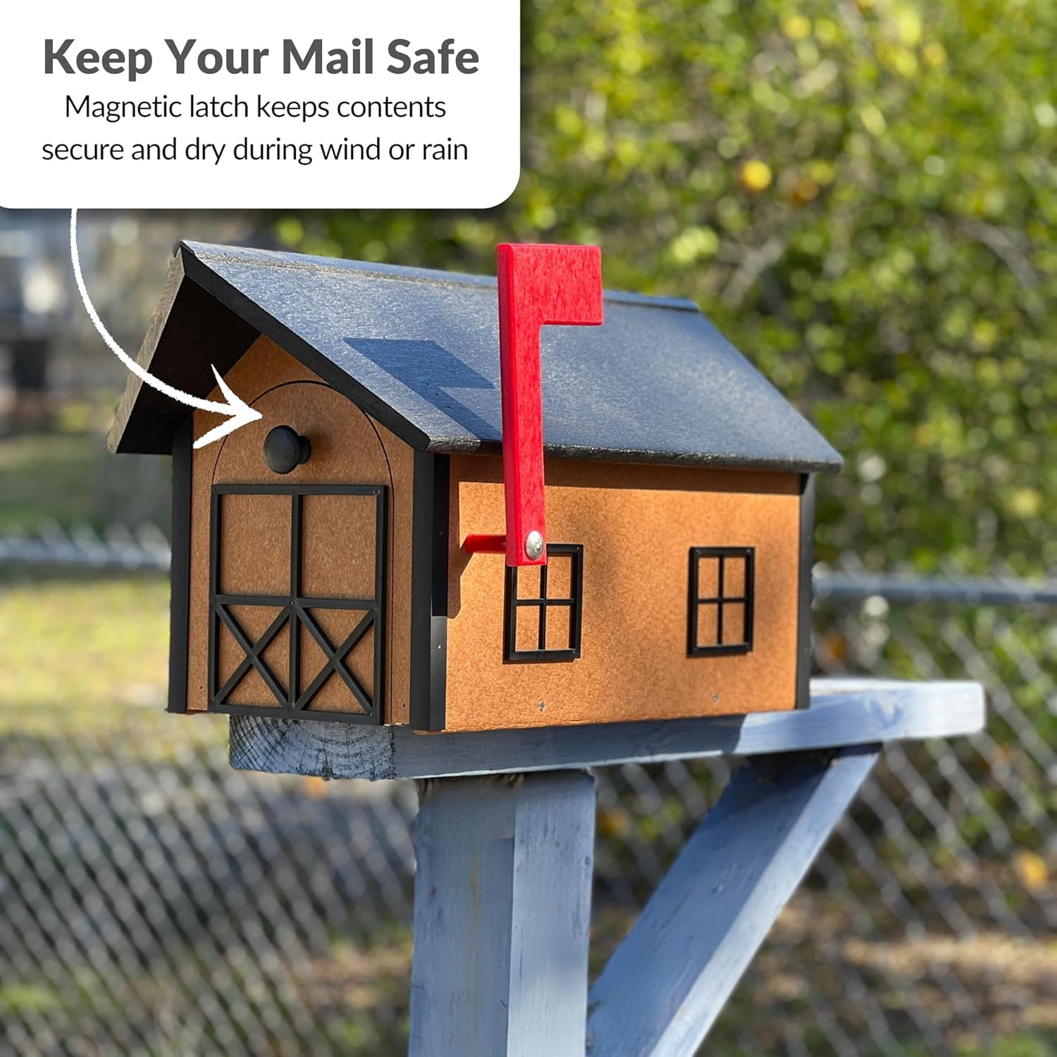 DutchCrafters Large Farmhouse Mailbox, Durable Plastic Barn Mailboxes for Outside, Post Mount Mail Box with Flag, Barnhouse Style - Amish Made in America (Cherrywood and Black)