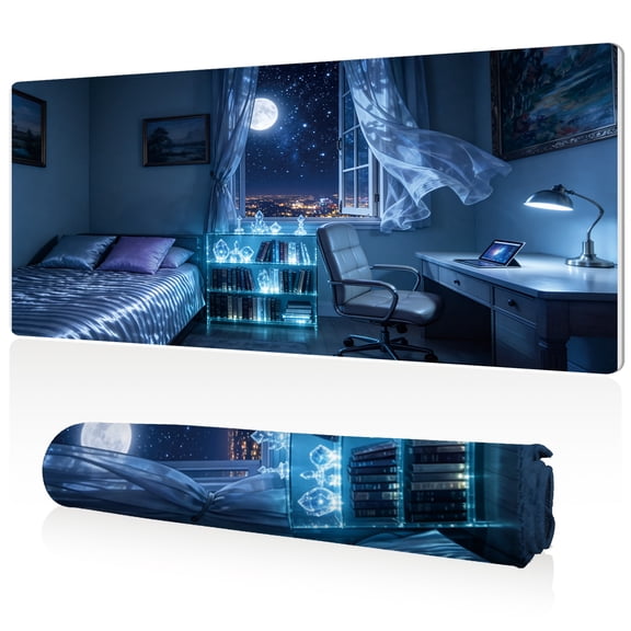 LIVEKEY Mouse Pad 80x40x0.3cm Cozy Moonlit Bedroom with Bookshelf and Laptop Scene Extra Large Full Desk Coverage Non Slip Durable Easy Clean Stitched Edges for Gaming and Office