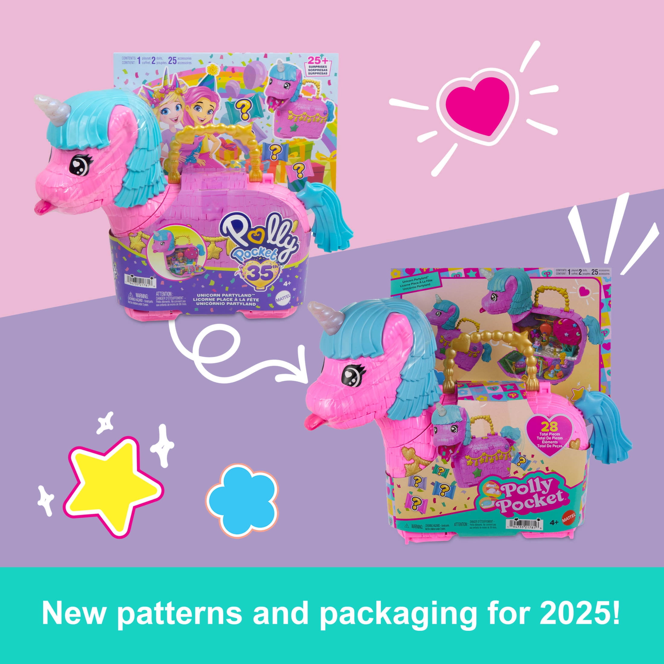 Polly Pocket Unicorn Partyland Playset with 2 Micro Dolls, Pets & 25+ Surprise Accessories