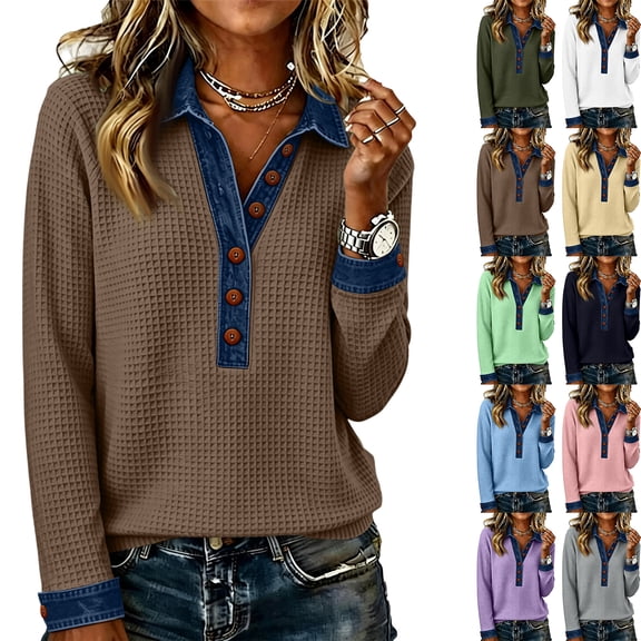 Waffle Knit Tops for Women Cotton Long Sleeve Denim Patchwork Sweater Collared Button Pullover Casual Fall Tunics