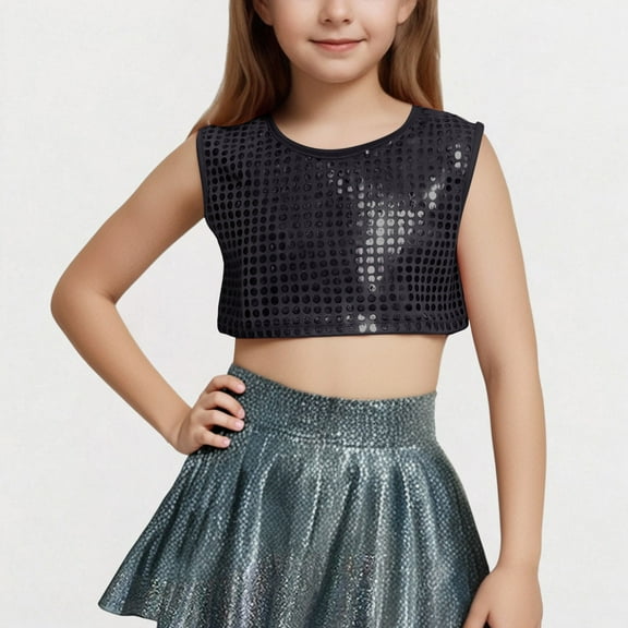 Girls Cropped Tank Tops Size 3-16 Shiny Sleeveless Crewneck Camisoles Juniors Teens Trendy Solid Polka Dot Pullover Dance Performance Vests