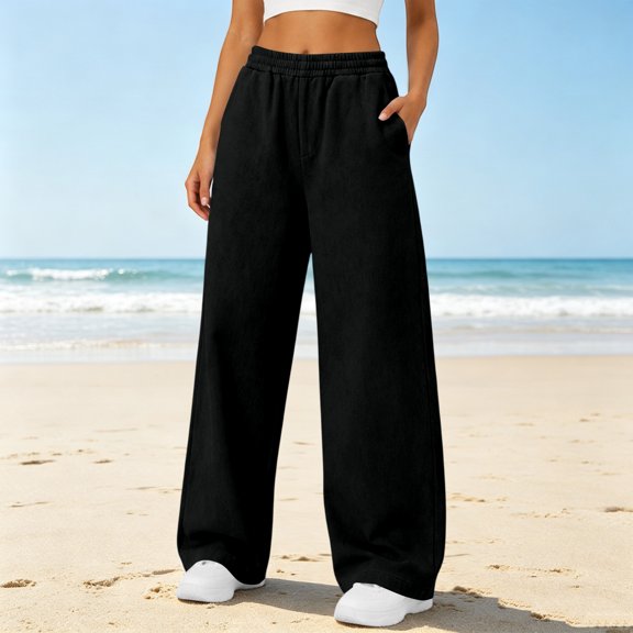 Womens Fleece Lined Wide Leg Sweatpants Elastic High Waist Loose Casual Long Pants With Side Pockets L