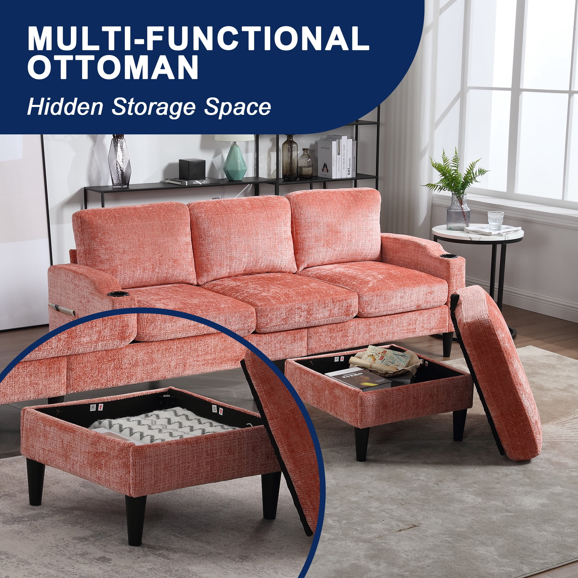 MOONMISS Chenille Upholstered L-Shaped Living Room Sofa with Storage Ottoman-Pink