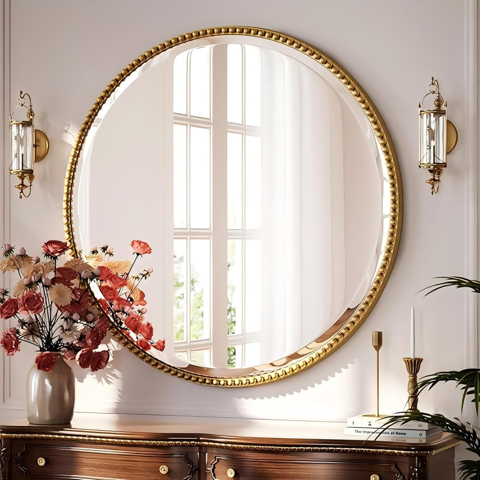 Mirrasia 36" Round Wall Mirror Decoration Hanging Mirror With Beaded Frame,Gold
